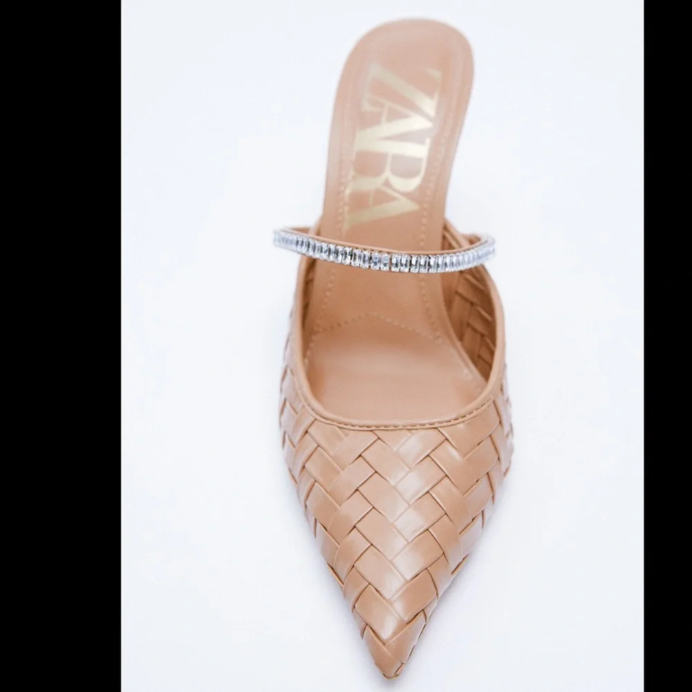 Zara Beige Sparkly Pointed Toe Woven Heels Size 8/39 - Picture 3 of 5